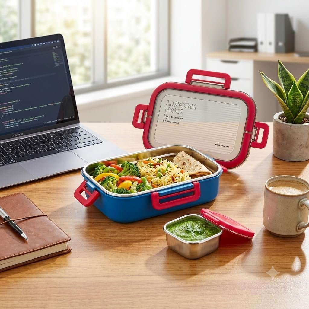 Stainless Steel Insulated Lunch Box with Secure Locking Lid & Carry Handle – Leak-Proof Food Container for School, Office, Travel & Picnic – 550 + 200 ml