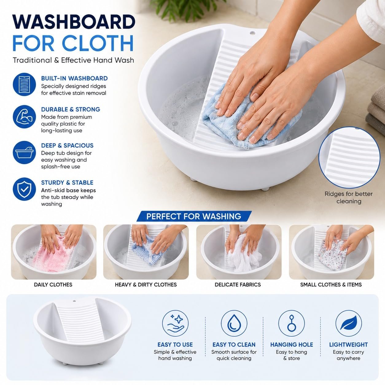 Plastic Wash Basin with Built-in Washboard | Multipurpose Laundry Tub for Hand Washing Clothes, Baby Clothes & Small Items | Lightweight Portable Washing Tub with Hanging Design | White