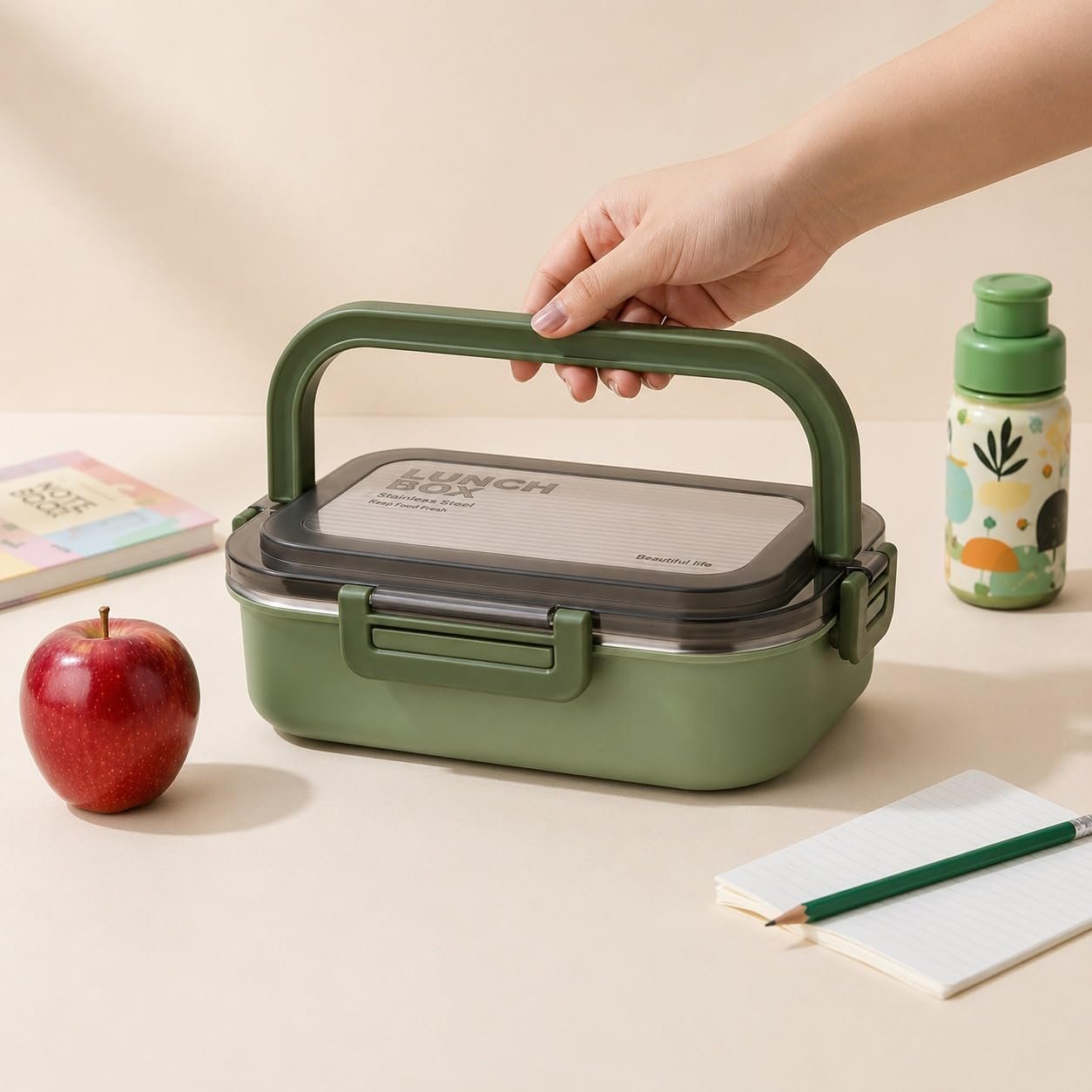 Stainless Steel Insulated Lunch Box with Secure Locking Lid & Carry Handle – Leak-Proof Food Container for School, Office, Travel & Picnic – 550 + 200 ml - Green
