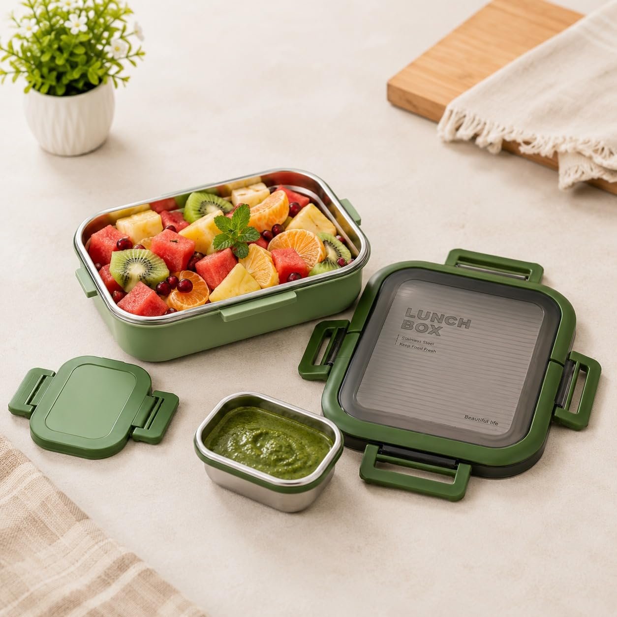 Stainless Steel Insulated Lunch Box with Secure Locking Lid & Carry Handle – Leak-Proof Food Container for School, Office, Travel & Picnic – 550 + 200 ml - Green