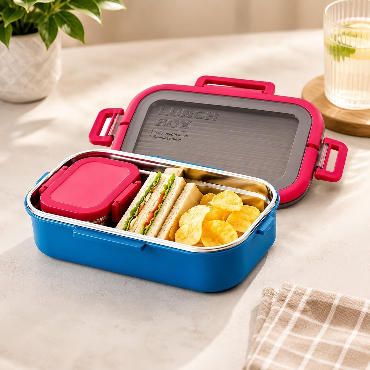 Stainless Steel Insulated Lunch Box with Secure Locking Lid & Carry Handle – Leak-Proof Food Container for School, Office, Travel & Picnic – 550 + 200 ml