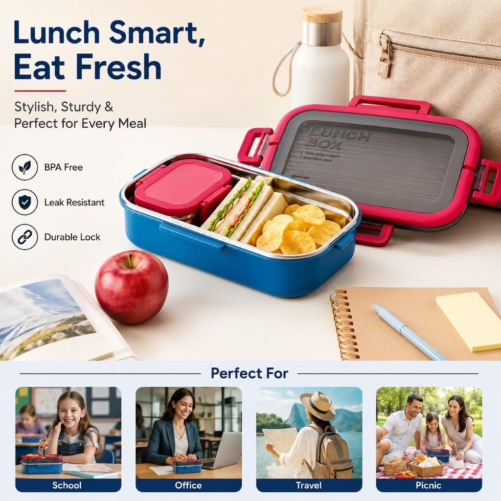 Stainless Steel Insulated Lunch Box with Secure Locking Lid & Carry Handle – Leak-Proof Food Container for School, Office, Travel & Picnic – 550 + 200 ml