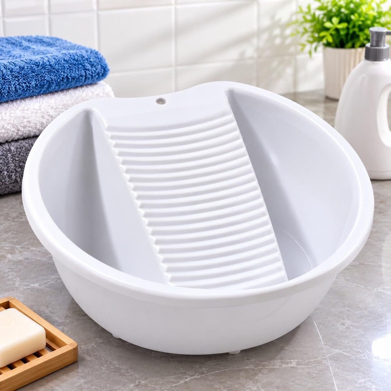 Plastic Wash Basin with Built-in Washboard | Multipurpose Laundry Tub for Hand Washing Clothes, Baby Clothes & Small Items | Lightweight Portable Washing Tub with Hanging Design | White