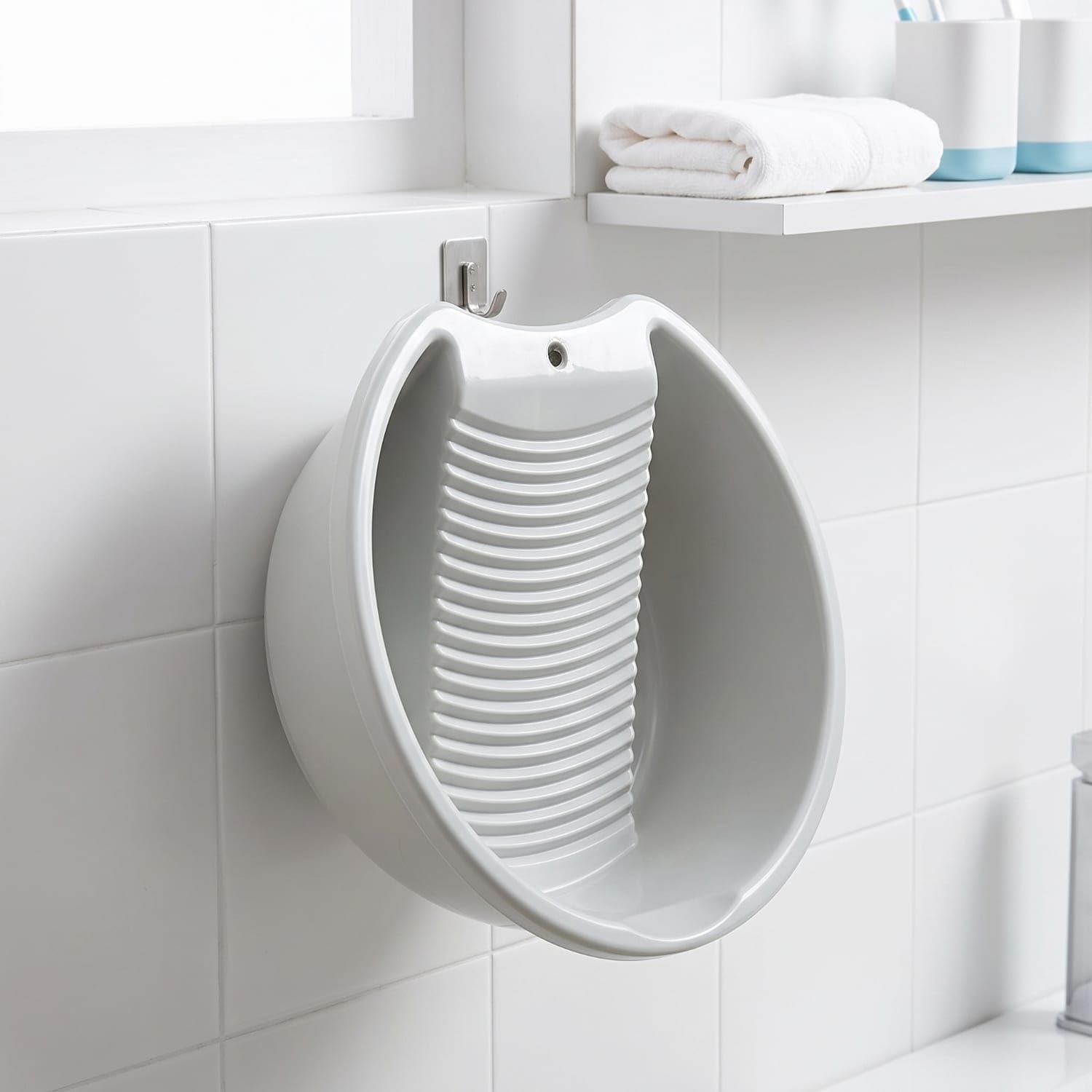 Plastic Wash Basin with Built-in Washboard | Multipurpose Laundry Tub for Hand Washing Clothes, Baby Clothes & Small Items | Lightweight Portable Washing Tub with Hanging Design | White