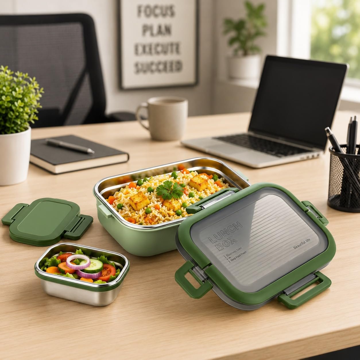 Stainless Steel Insulated Lunch Box with Secure Locking Lid & Carry Handle – Leak-Proof Food Container for School, Office, Travel & Picnic – 550 + 200 ml - Green