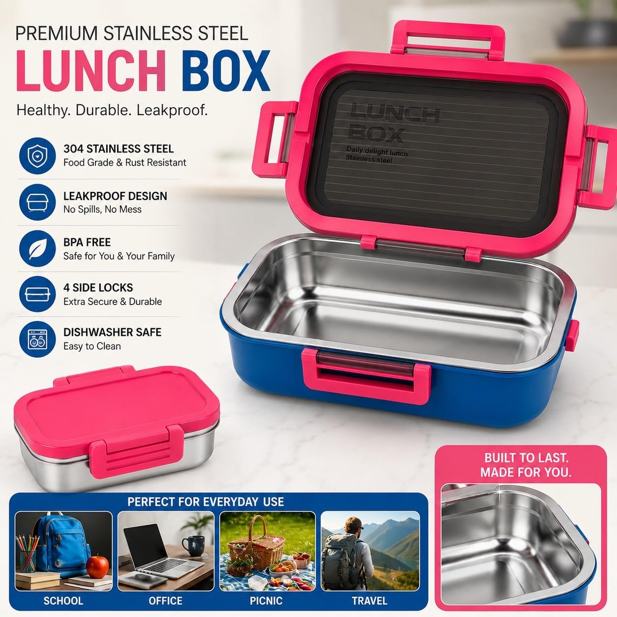 Stainless Steel Insulated Lunch Box with Secure Locking Lid & Carry Handle – Leak-Proof Food Container for School, Office, Travel & Picnic – 550 + 200 ml